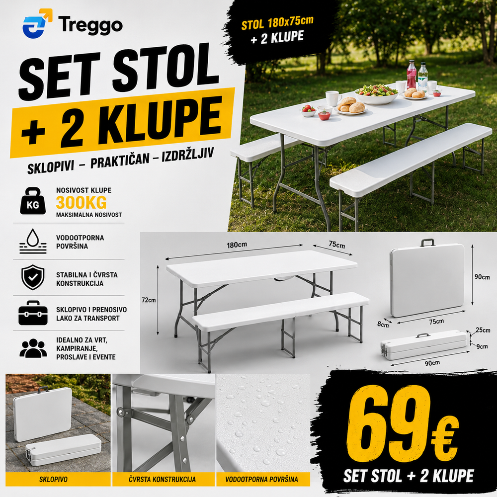 TREGGO - FOLDABLE TABLE AND 2 BENCHES SET 180x75cm - 300KG CAPACITY