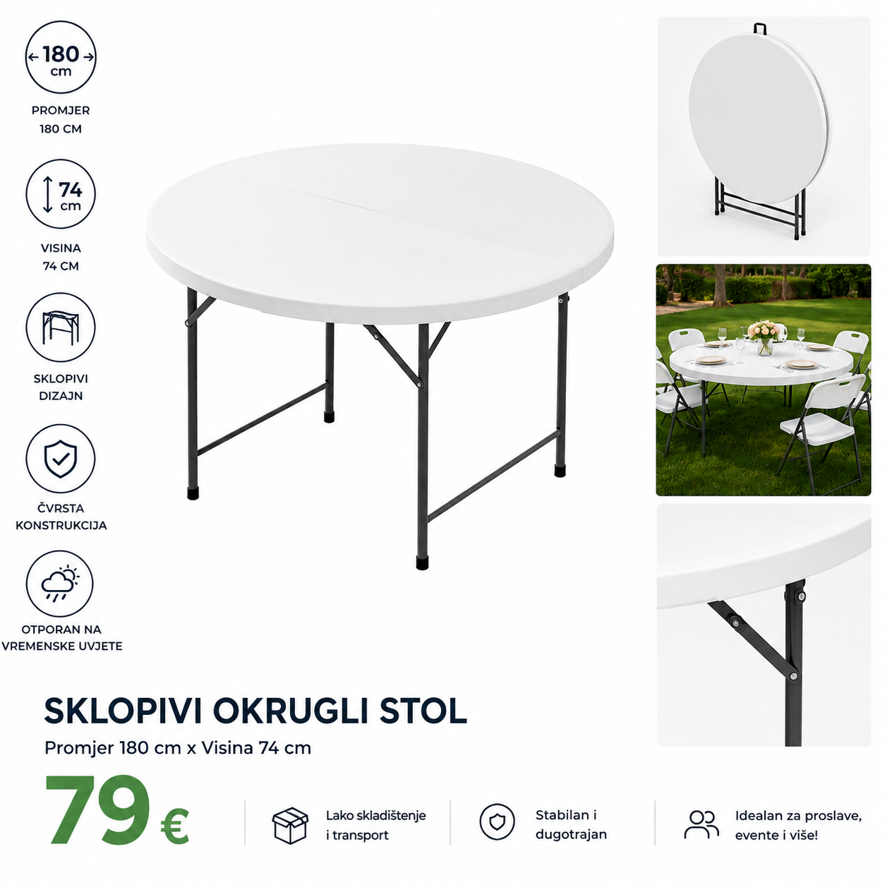 TREGGO - OKRUGLI SKLOPIVI STOL 180x74cm