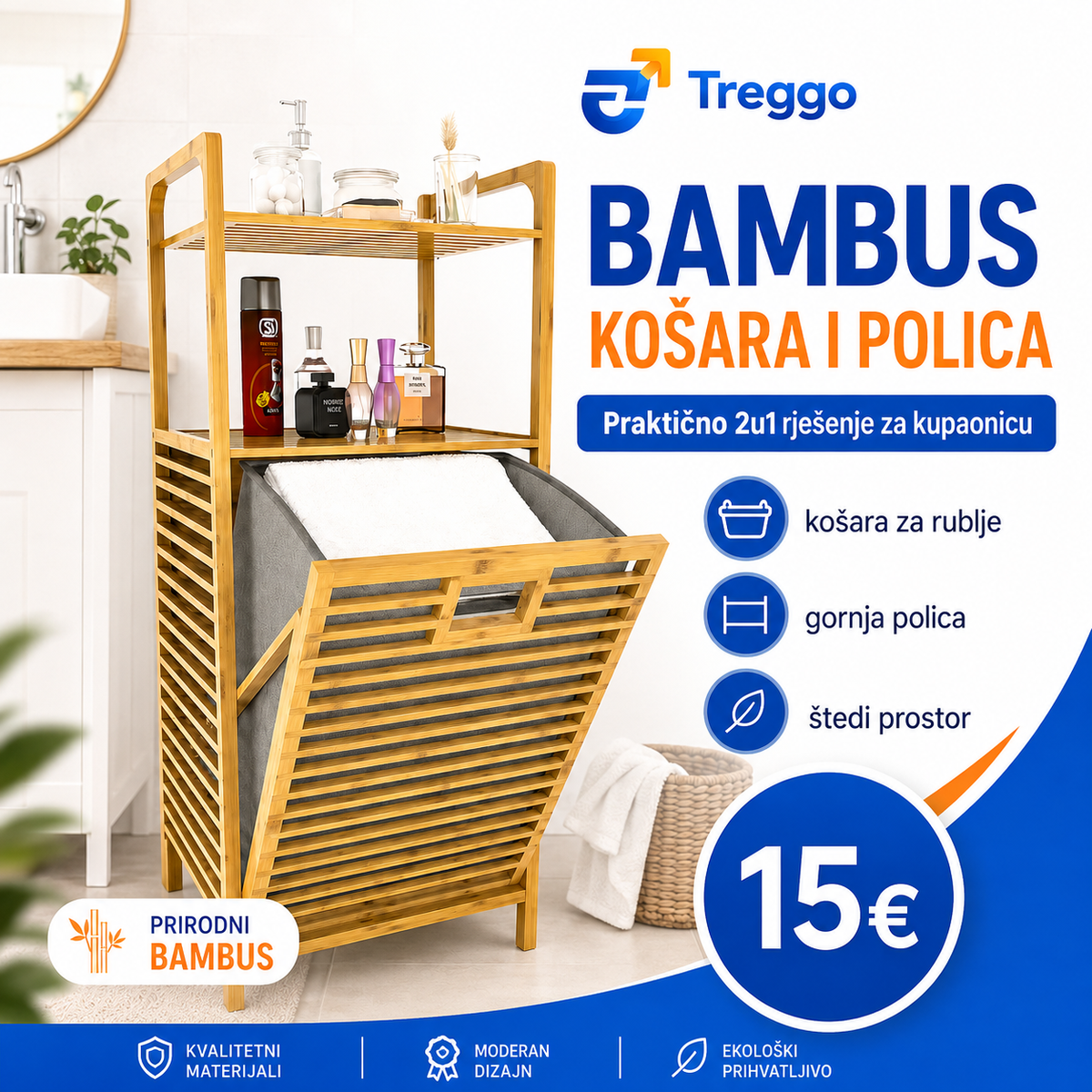 TREGGO - BAMBUS KOŠARA ZA RUBLJE S POLICAMA