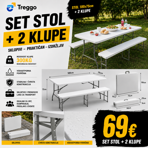 TREGGO - FOLDABLE TABLE AND 2 BENCHES SET 180x75cm - 300KG CAPACITY