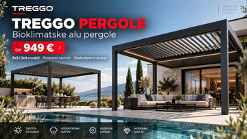 Ilustrativni ambijent TREGGO pergola; izgled nije fotografija isporučenog kompleta. LED rasvjeta i namještaj nisu uključeni.